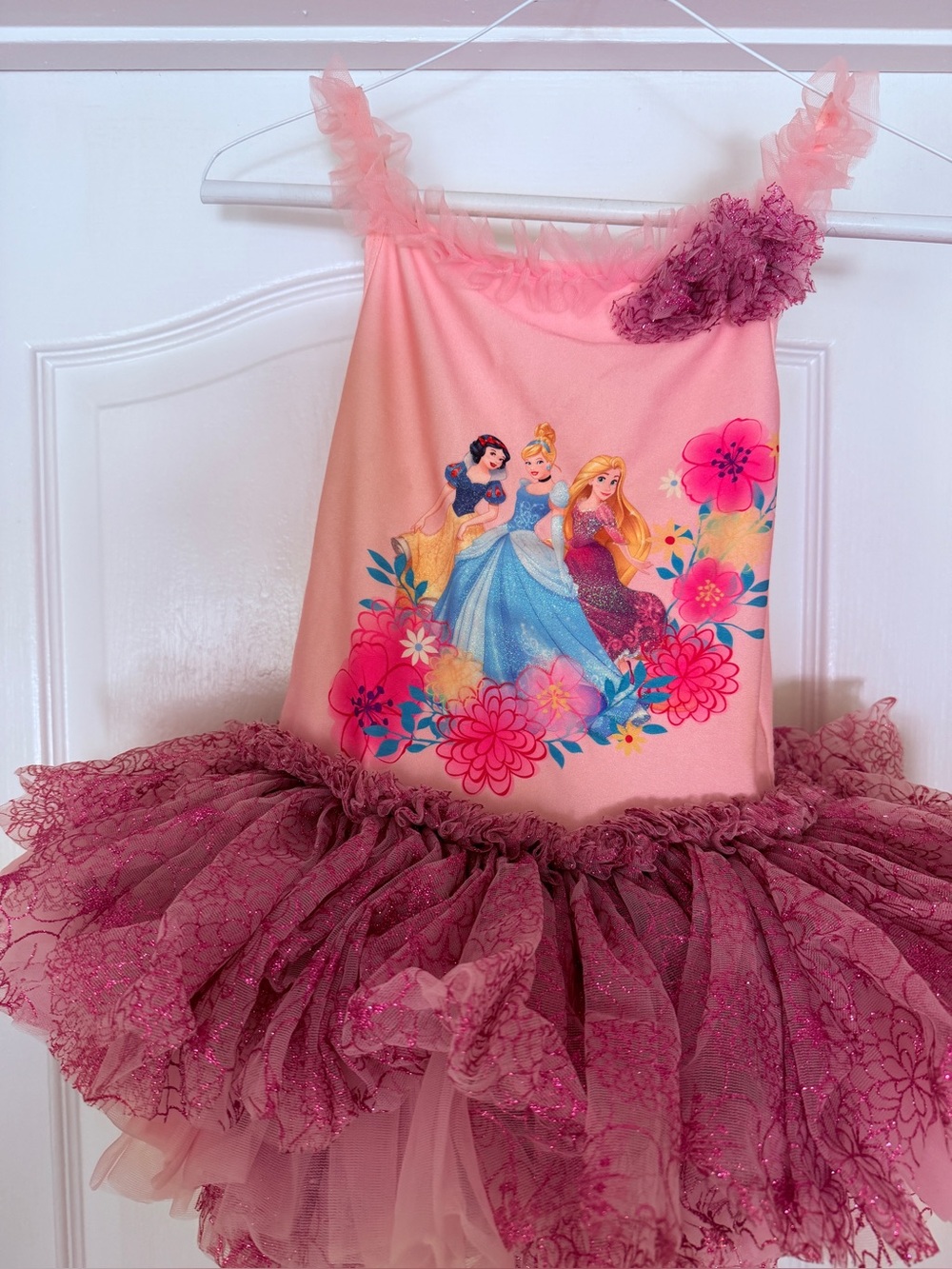 Disney Pink Ruffled Tulle Dress with Floral Applique